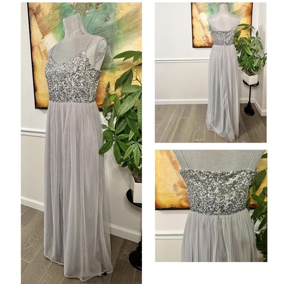 Adrianna Papell Dresses & Skirts - Adrianna Papell v-neck Silver sequin Tulle Long Evening Gown Fairy Goddess dress